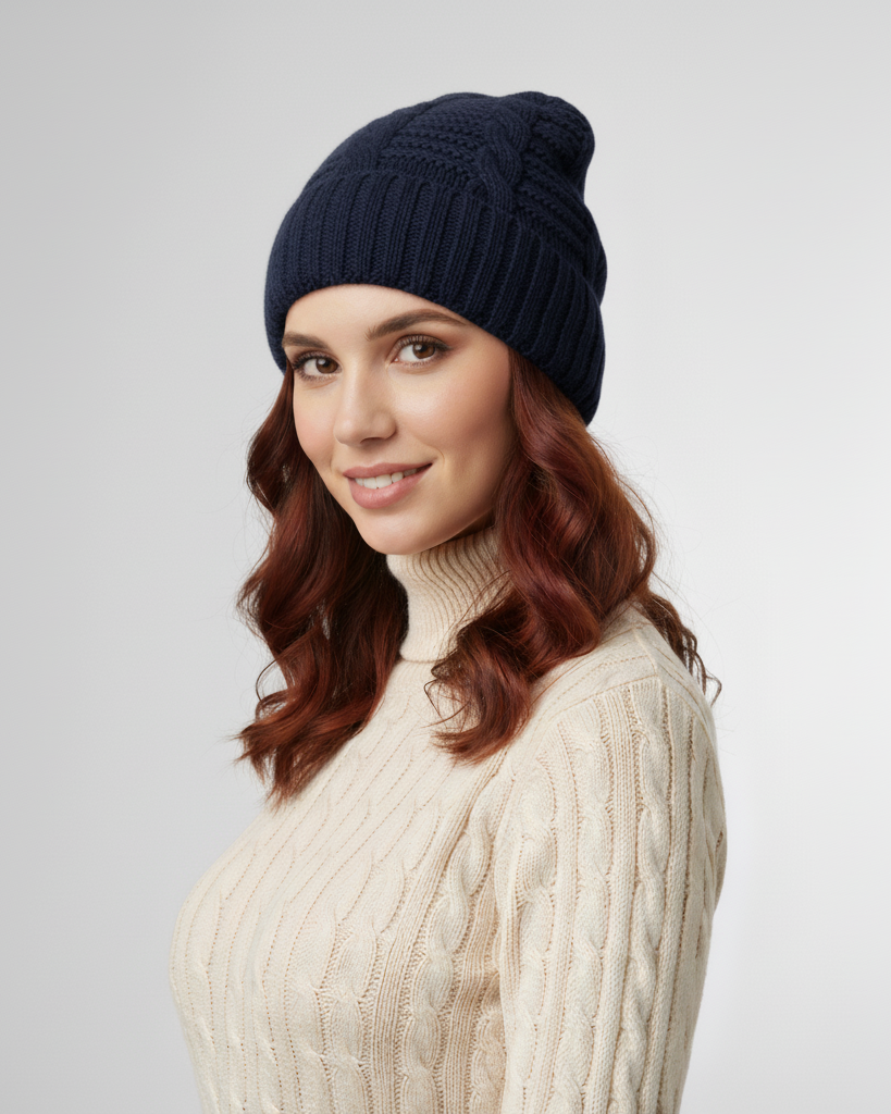 Navy Long Beanie – Cozy Knit Hat for Custom Branding