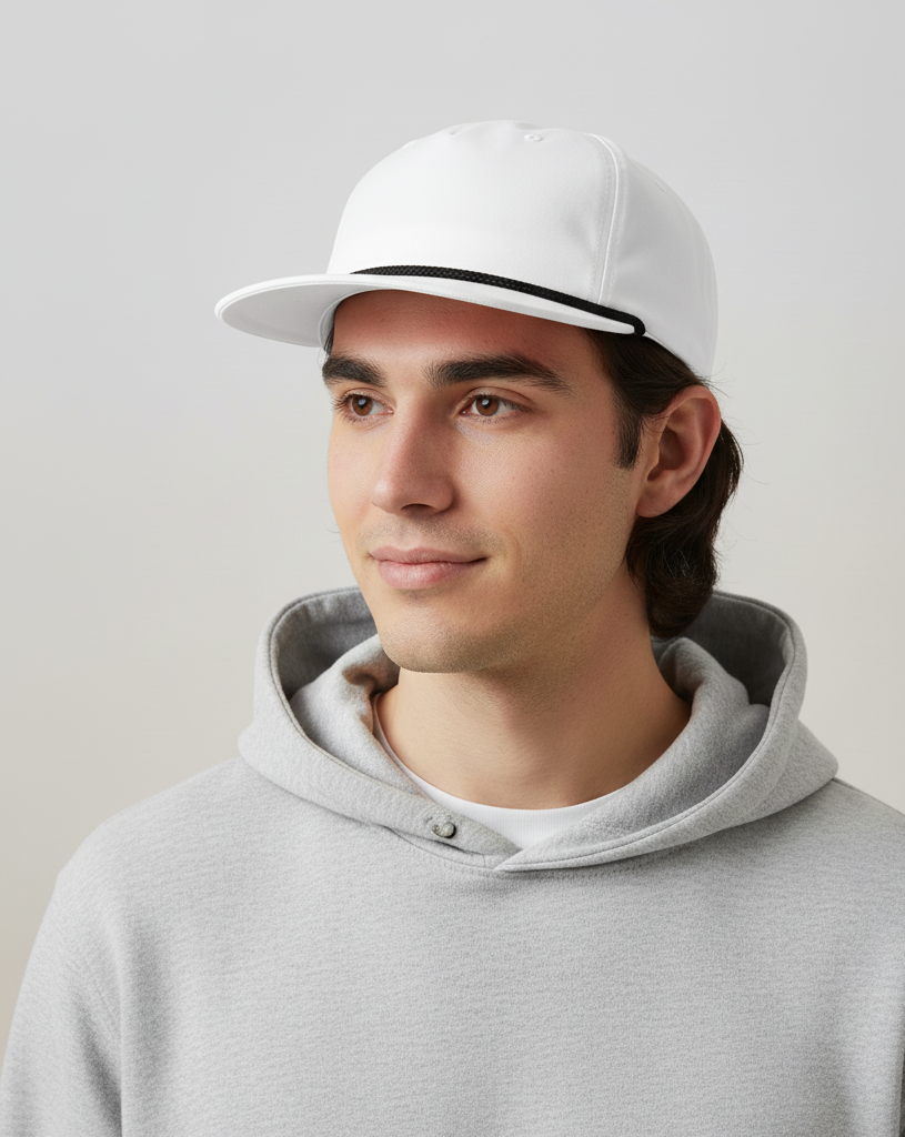 Man wearing a gray hoodie and white cap against a light gray background