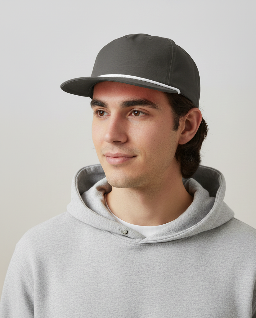 Man wearing a dark gray cap and light gray hoodie against a plain background