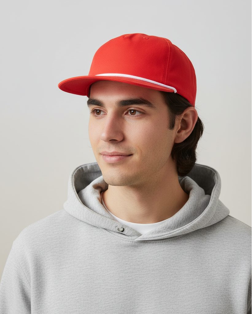 Man wearing a red cap and gray hoodie against a plain background