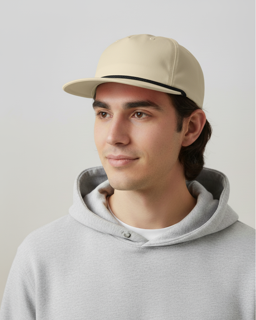 Man wearing a beige cap and gray hoodie against a plain background