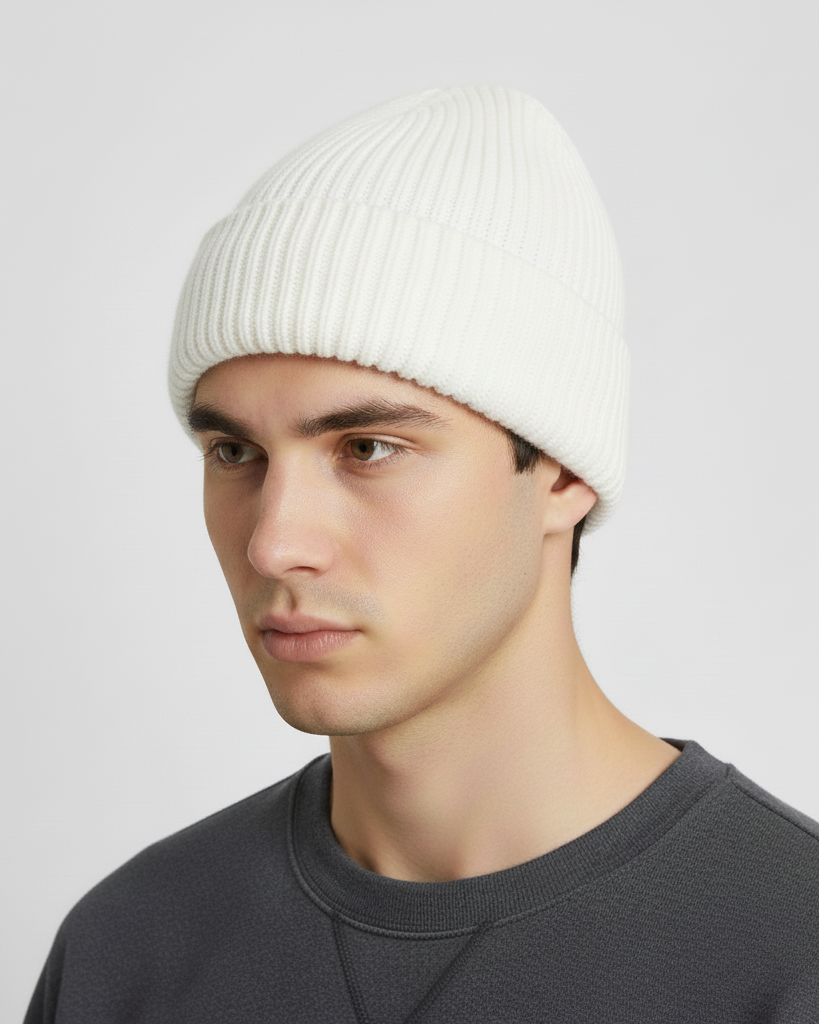 White Short Beanie – Soft Knit Hat for Custom Embroidery