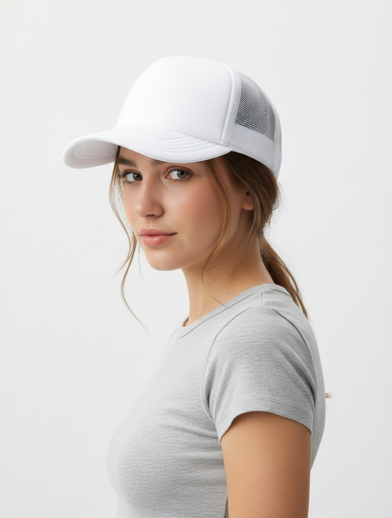 White Foam Front Trucker Hat – Clean Five-Panel Mesh Snapback Cap Ideal for Custom Branding or Design