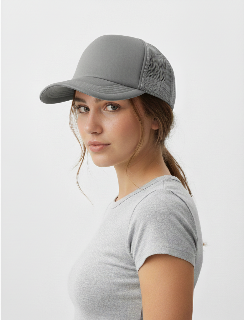 Gray Foam Front Trucker Hat – Stylish Five-Panel Mesh Snapback Cap Perfect for Custom Embroidery or Print Design
