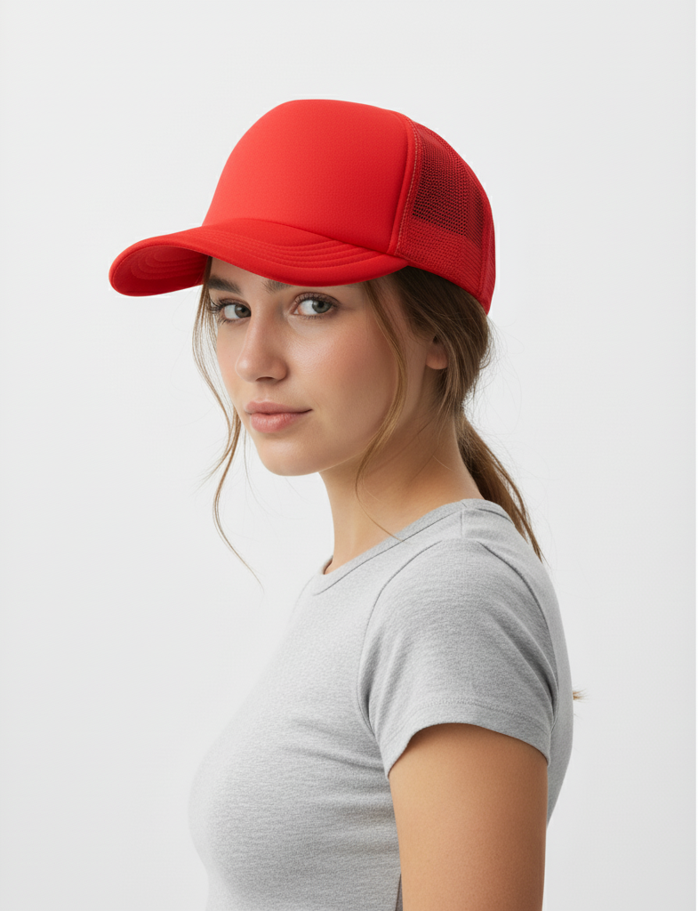 Red Foam Front Trucker Hat – Vibrant Five-Panel Snapback Mesh Cap for Custom Logo Printing or Embroidery