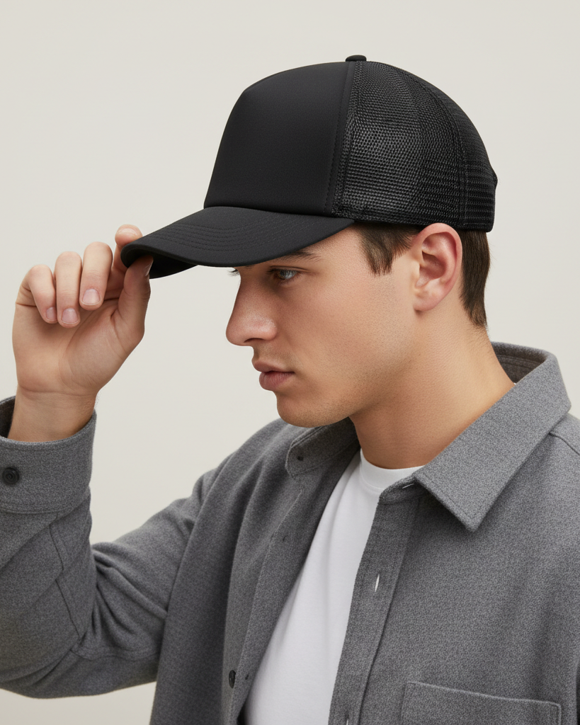 Black Structured Front Trucker Hat – Classic Snapback Cap with Mesh Back for Custom Embroidery or Printing