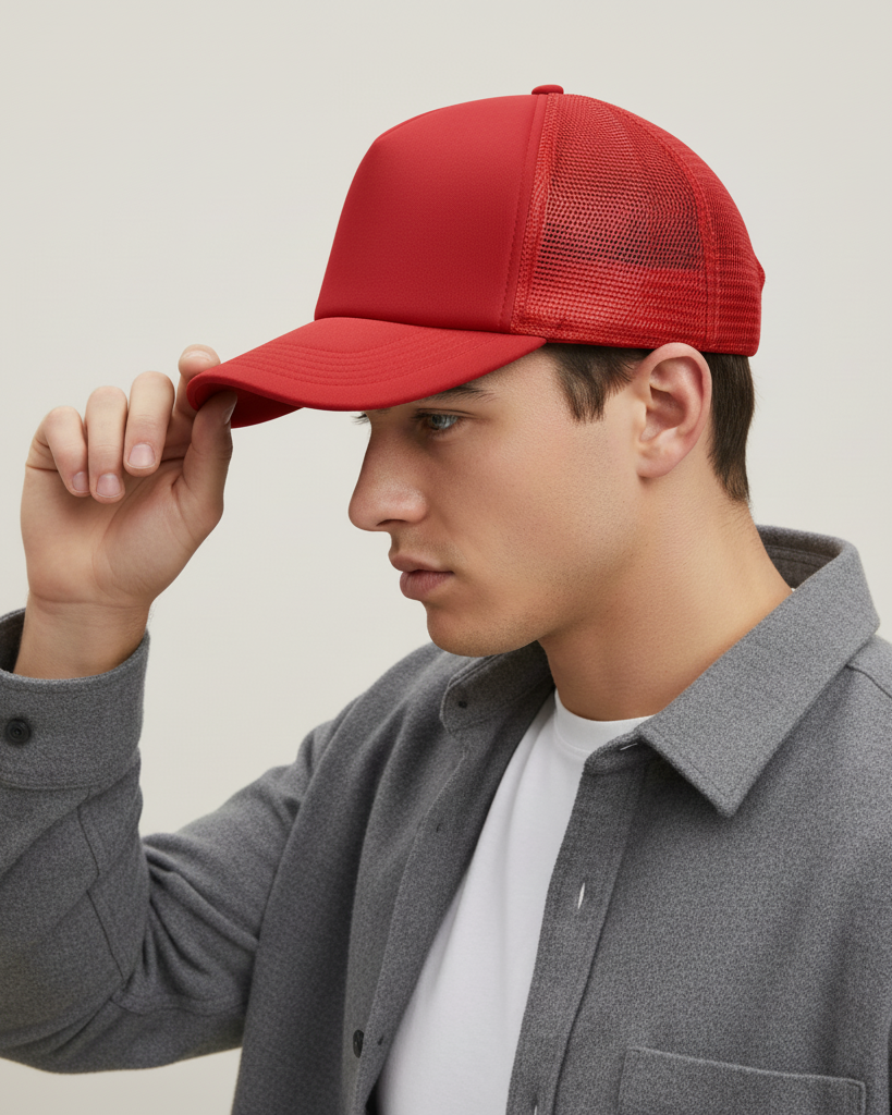 Red Structured Front Trucker Hat – Classic Snapback Cap with Mesh Back for Custom Embroidery or Printing