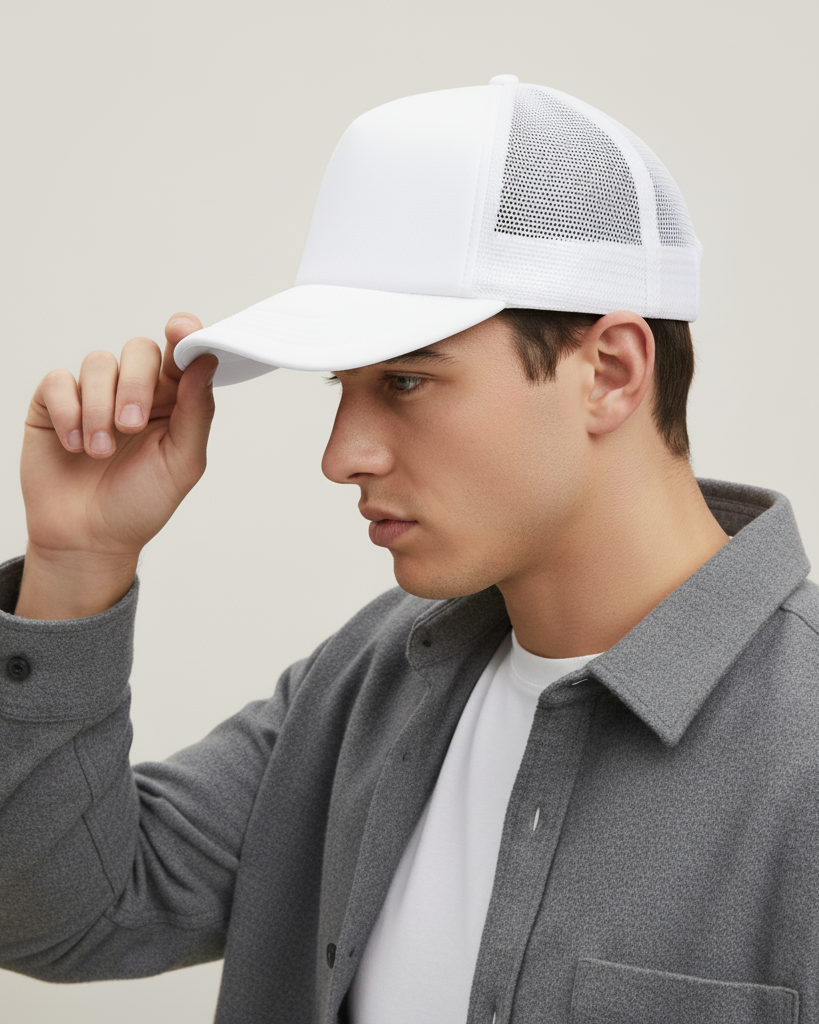 White Structured Front Trucker Hat – Clean Mesh Back Snapback Cap for Custom Logo Embroidery or Patch Printing