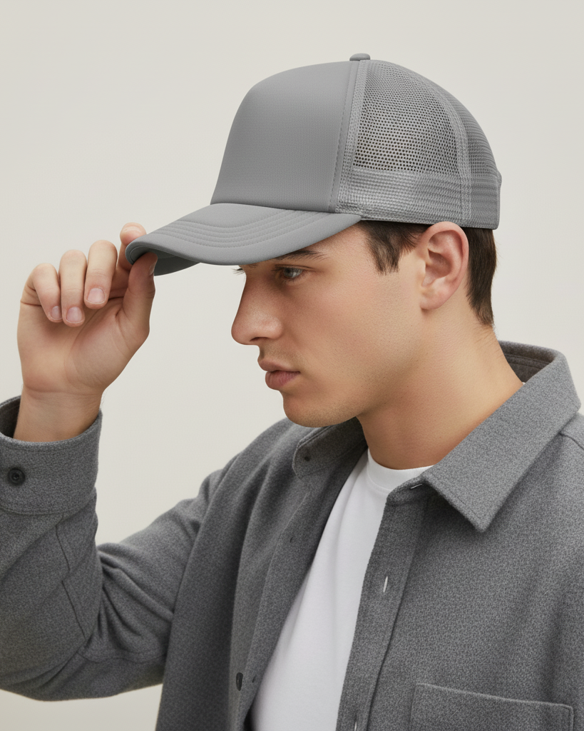Gray Structured Front Trucker Hat – Modern Snapback Mesh Cap for Custom Embroidery or Personalized Printing
