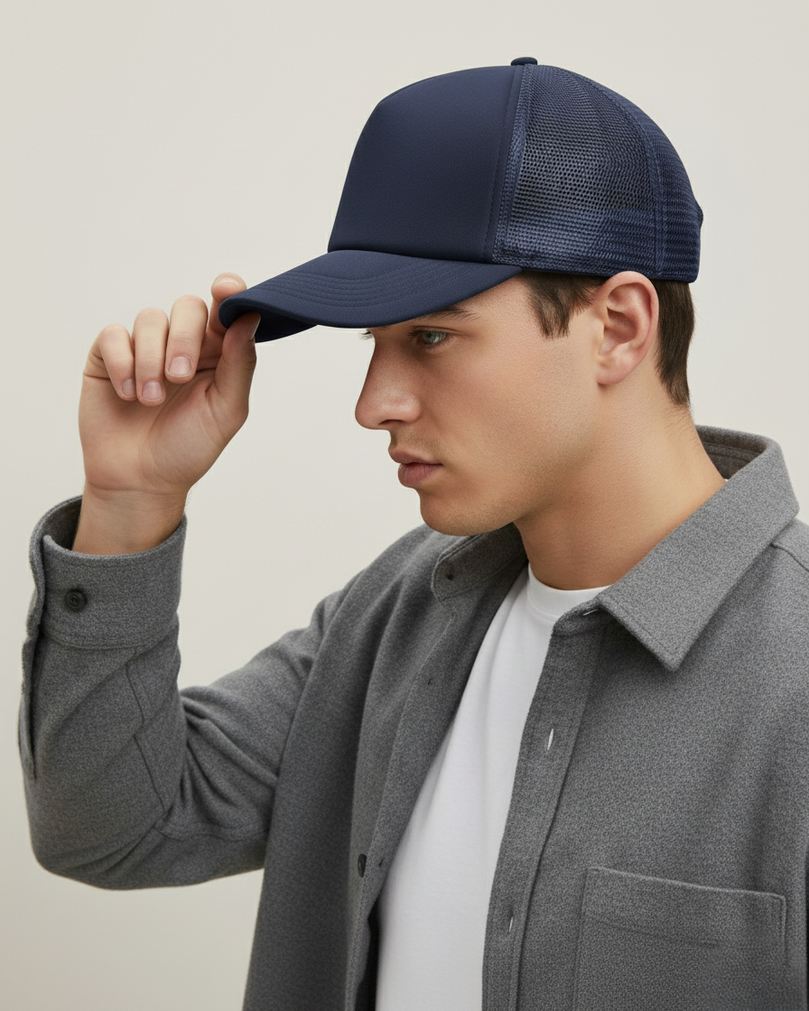 Navy Blue Structured Front Trucker Hat – Premium Snapback Mesh Cap for Custom Embroidery or Logo Design