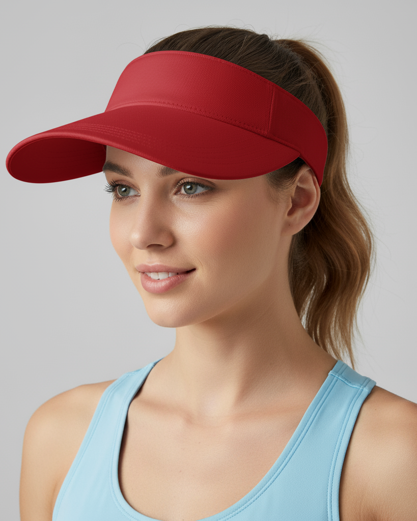 Woman wearing a red visor against a plain background