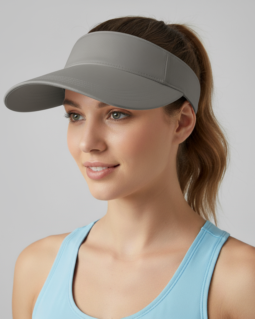 Woman wearing a gray visor against a plain background