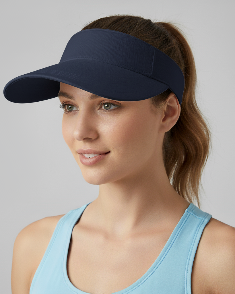 Woman wearing a navy visor and light blue tank top against a gray background