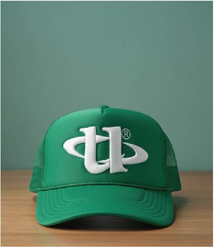 Bright green foam trucker hat with large, white, embroidered 'UP' initials/logo.
