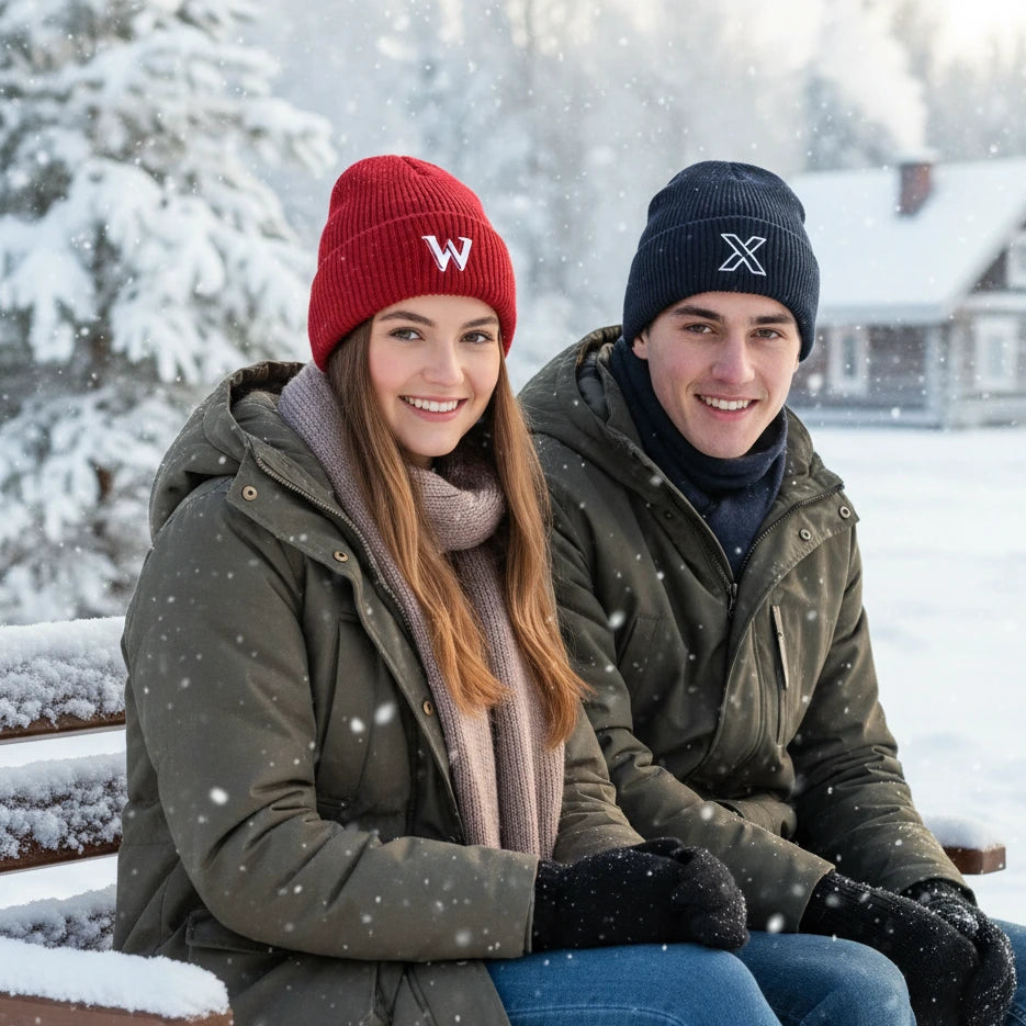 Two people sitting on a snow-covered bench in a winter setting with houses and trees in the background.